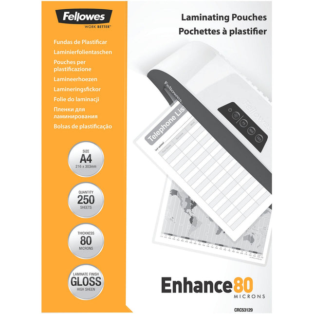 Consommable de bureau pour plastifieuse FELLOWES Pochettes A4 80 mic x250