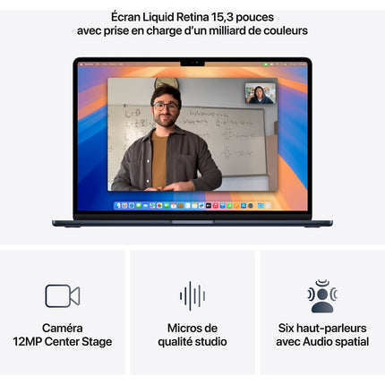 Ordinateur Apple MACBOOK Air 15" Puce M4 CPU 10 / GPU 10 coeurs Mémoire RAM 16Go Stockage 256Go SSD Retina Minuit Reconditionné