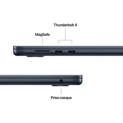 Ordinateur Apple MACBOOK Air 15" Puce M4 CPU 10 / GPU 10 coeurs Mémoire RAM 16Go Stockage 256Go SSD Retina Minuit Reconditionné
