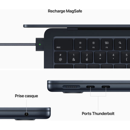 Ordinateur Apple MACBOOK Air 13,6" Puce M2 CPU 8 / GPU 8 cœurs Mémoire RAM 16Go Stockage 256Go SSD Retina Minuit Reconditionné