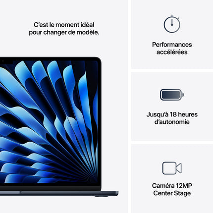 Ordinateur Apple MACBOOK Air 15" Puce M4 CPU 10 / GPU 10 coeurs Mémoire RAM 16Go Stockage 1To SSD Retina Minuit