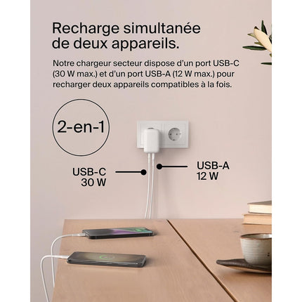 Chargeur BELKIN USB-C 30W Power Delivery + USB-A 12W