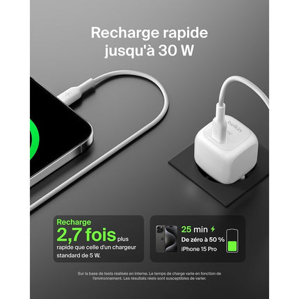 Chargeur BELKIN 30W USB charge rapide PPS Blanc