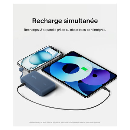 Batterie externe BELKIN 10000 mAh avec cable USB-C intégre bleu