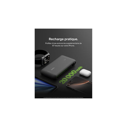 Batterie externe BELKIN 20000 mAh avec cable USB-C intégre noir