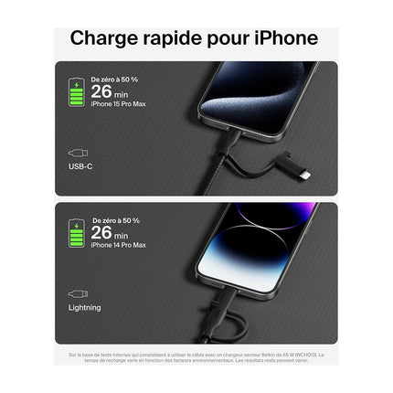 Adaptateur USB BELKIN 2-en-1 USB-C et Lightning 1m50 noi