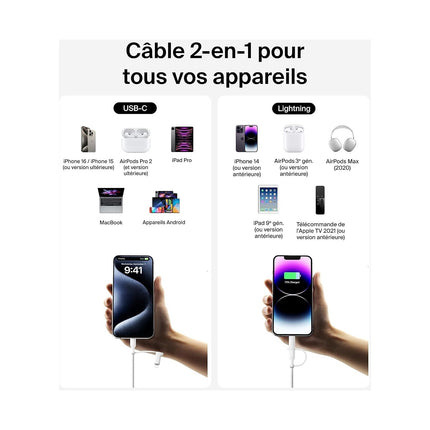 Adaptateur USB BELKIN 2-en-1 USB-C et Lightning 1m50 blanc