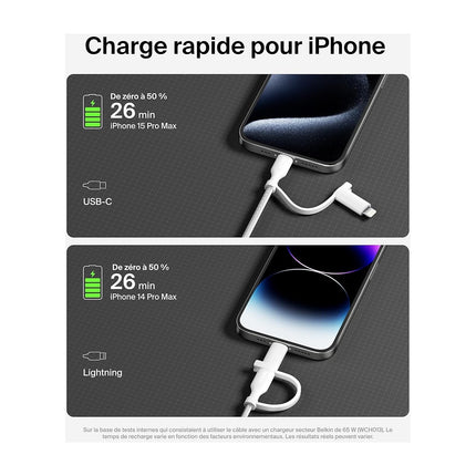 Adaptateur USB BELKIN 2-en-1 USB-C et Lightning 1m50 blanc