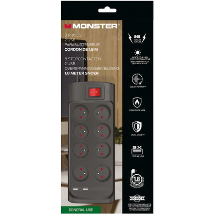 Rallonge parafoudre MONSTERCABLE Parasurtenseur 8 prises + 2 USB-A