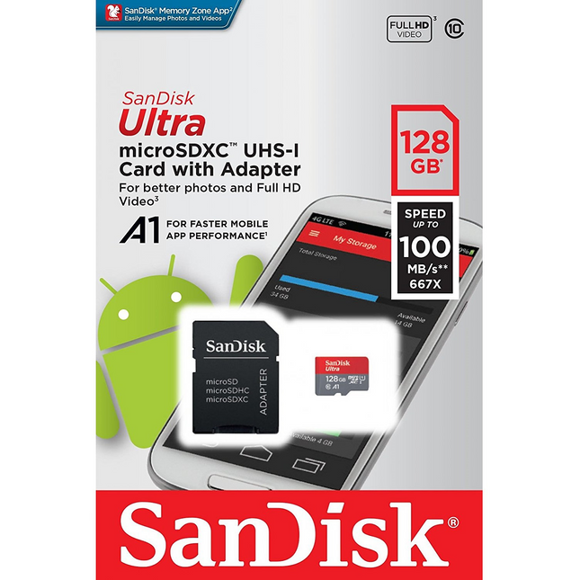 Carte Micro SD SANDISK Ultra Android microSDXC 128Go + Adapt SD
