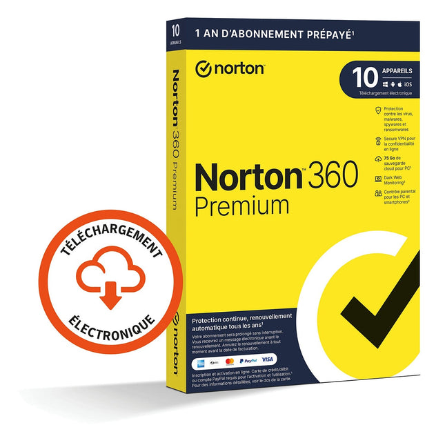 Logiciel antivirus et optimisation NORTON 360 PREMIUM 75Go SE 10 postes