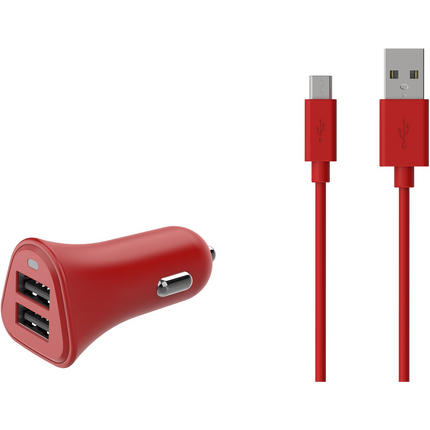 Chargeur allume-cigare ESSENTIELB 2 USB 2.4A + Cable Micro USB Rouge