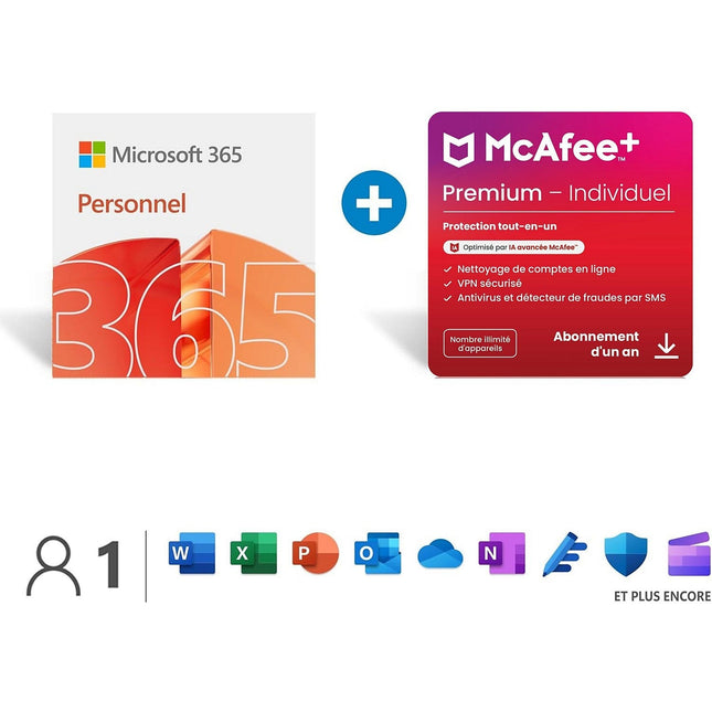 Logiciel de bureautique MICROSOFT M365 Personnel 2025 + McAfee+ Individual
