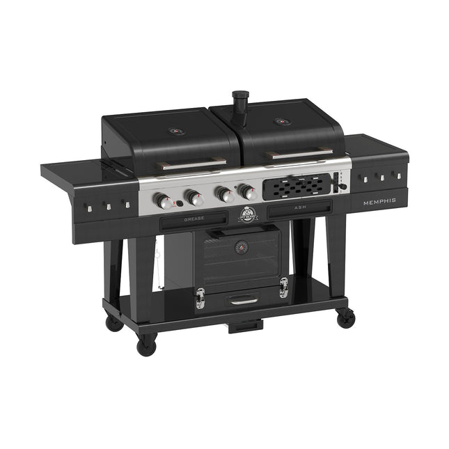 Barbecue gaz PITBOSS MEMPHIS 2.0, sur chariot , une zone de cuisson gaz, une charbon et un fumoir électrique 3 étages.