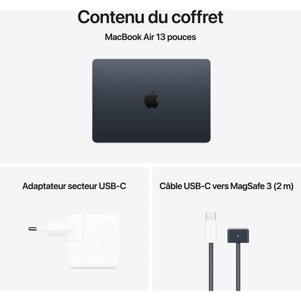 Ordinateur Apple MACBOOK Air 13,6" Puce M4 CPU 10 / GPU 8 coeurs Mémoire RAM 16Go Stockage 1To SSD Retina Minuit