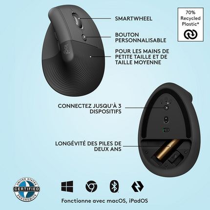 Souris sans fil LOGITECH Lift Ergonomique Silencieuse Graphite