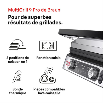 Grille-viande BRAUN CG9160 inox 2 zones de cuissson, plaques amovible, sonde, 37x23 cm