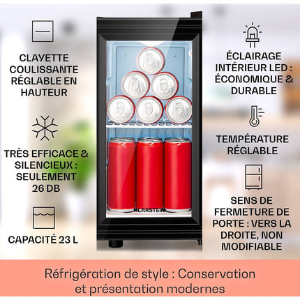 Mini réfrigérateur KLARSTEIN Brooklyn 23L Slim LED vitré 11-18°C noir