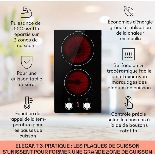 Domino vitrocéramique KLARSTEIN EasyCook Domino 2 feux 3000 W noire