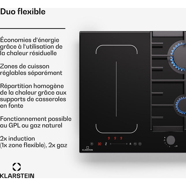 Plaque mixte induction gaz KLARSTEIN MultiChef 4 zones 2 feux gaz Flex noire