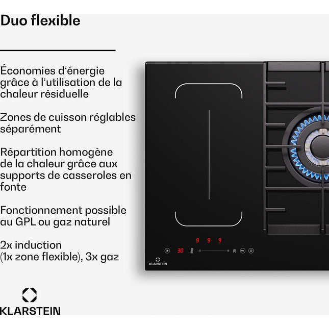 Plaque mixte induction gaz KLARSTEIN MultiChef 5 zones 3 feux gaz Flex noire