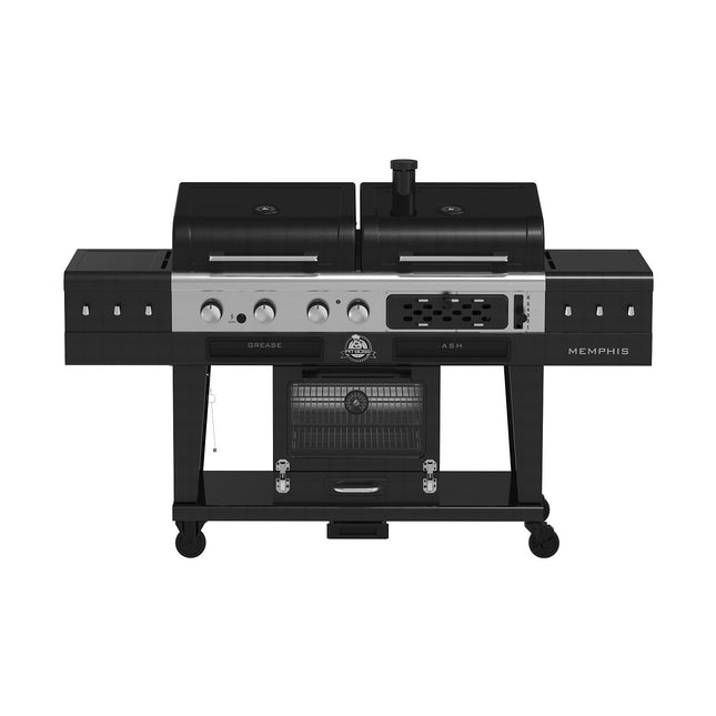 Barbecue gaz PITBOSS MEMPHIS 2.0, sur chariot , une zone de cuisson gaz, une charbon et un fumoir électrique 3 étages.