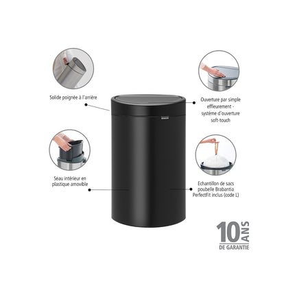 Poubelle de cuisine manuelle BRABANTIA Touch bin 40L Matt Steel