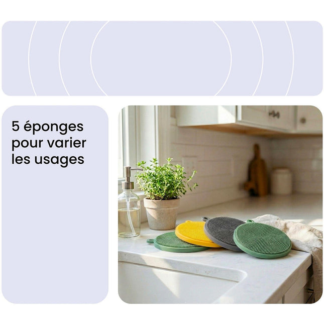 Eponge ESSENTIELB en Silicone x5 - Hygiénique et Réutilisable, Nettoyage Multi-usages, Surfaces et Anti-rayures