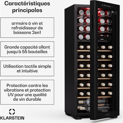 Cave à vin polyvalente KLARSTEIN Bovella 55 Duo+ 55 bouteilles