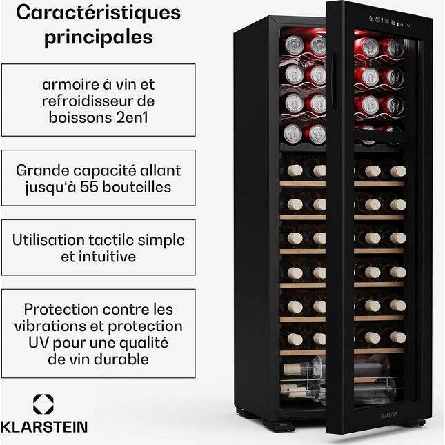 Cave à vin polyvalente KLARSTEIN Bovella 55 Duo+ 55 bouteilles