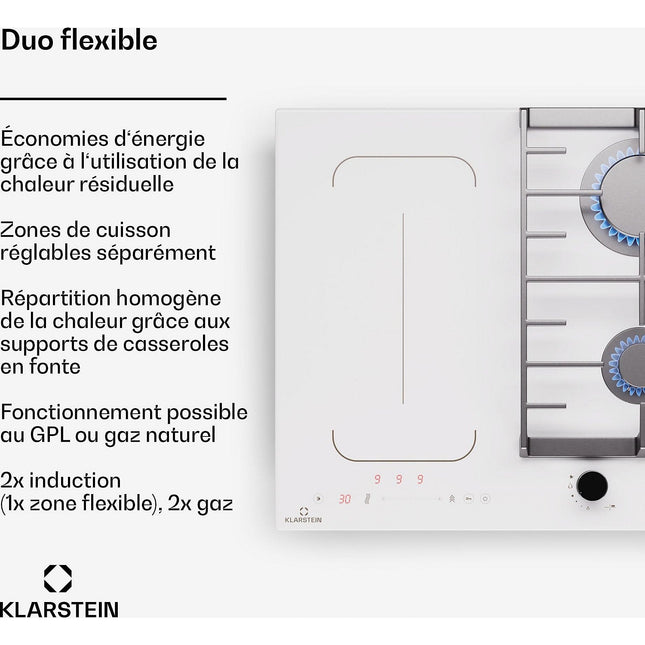 Plaque mixte induction gaz KLARSTEIN MultiChef 4 zones 2 feux gaz Flex blanc