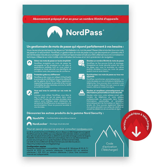 Logiciel antivirus et optimisation NORDVPN NordPass Premium 1 an d'abonnement