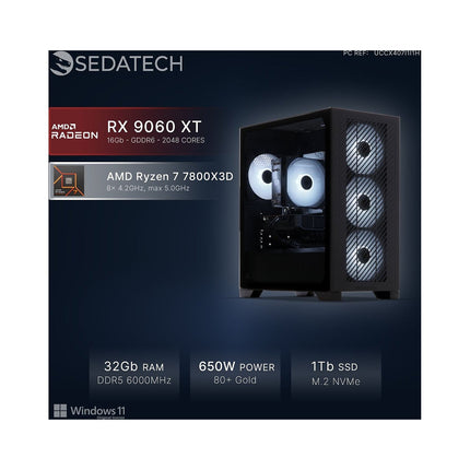 PC Gamer SEDATECH Ryzen 7 7800X3D, Radeon RX 9060XT, Win 1