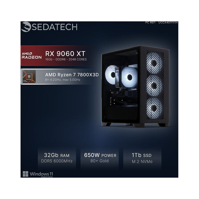PC Gamer SEDATECH Ryzen 7 7800X3D, Radeon RX 9060XT, Win 1