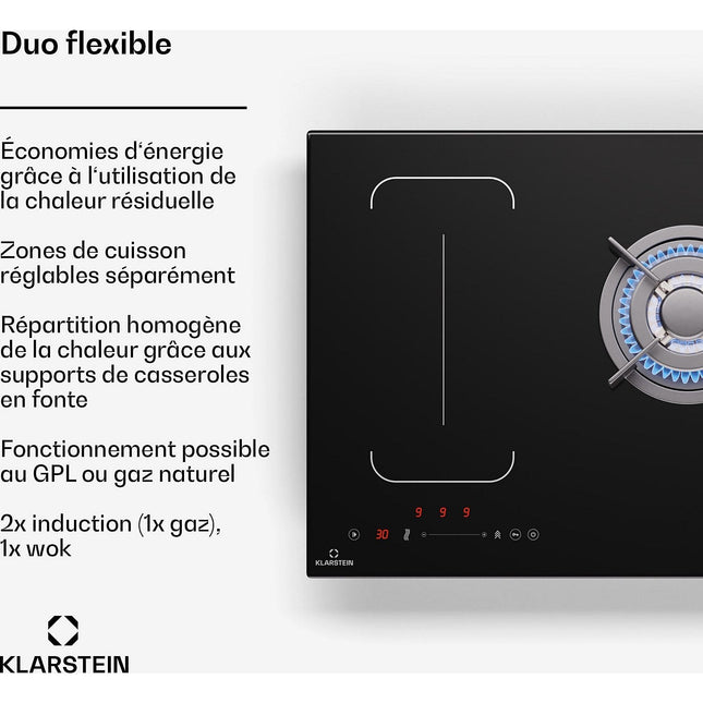 Plaque mixte induction gaz KLARSTEIN MultiChef 5 zones 3 feux gaz Flex noire