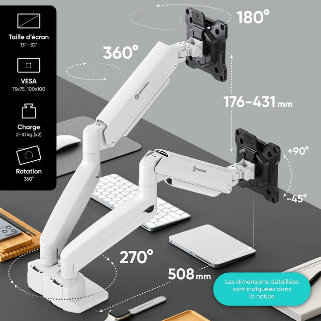 Support écran PC ONKRON Double Écran 13"–32", 10 kg max, G160-BW