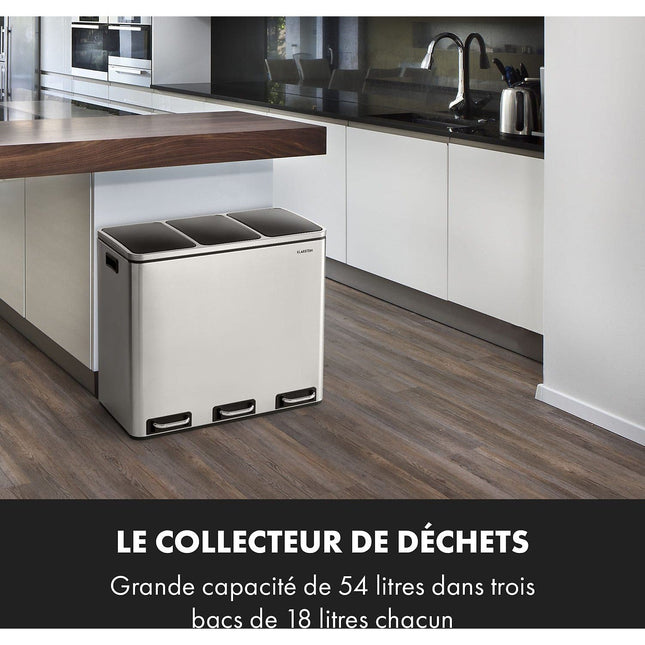 Poubelle de cuisine tri sélectif KLARSTEIN Grandmaster Trash pédale 54L 3x18L Inox