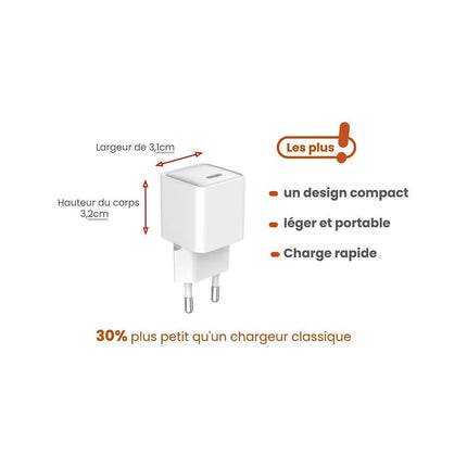 Chargeur ESSENTIELB 30W charge rapide + GaN USB-C Blanc