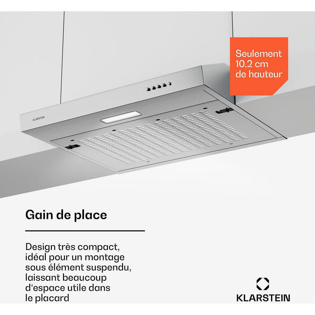 Hotte casquette KLARSTEIN SlimVent 60 cm 200 m³/h 52 dB LED Inox