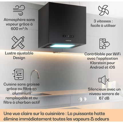 Hotte décorative îlot KLARSTEIN Kronleuchter îlot 595m³/h LED WIFI noir