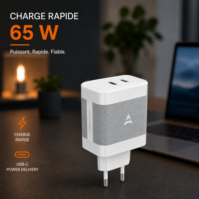 Chargeur ordinateur portable ADEQWAT 65W charge rapide 2 USB-C