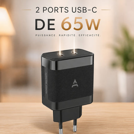 Chargeur ordinateur portable ADEQWAT 65W charge rapide 2 USB-C - Noir