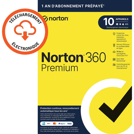 Logiciel antivirus et optimisation NORTON 360 PREMIUM 75Go SE 10 postes
