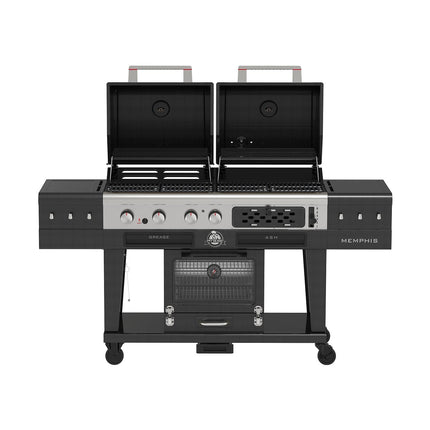 Barbecue gaz PITBOSS MEMPHIS 2.0, sur chariot , une zone de cuisson gaz, une charbon et un fumoir électrique 3 étages.