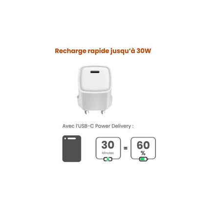 Chargeur ESSENTIELB 30W charge rapide + GaN USB-C Blanc