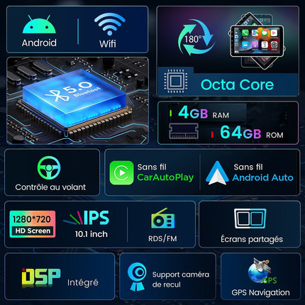 Autoradio connecté JUNSUN 1 DIN 10.1"mit Carplay GPS WIFI BT 4+64G