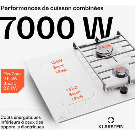 Plaque mixte induction gaz KLARSTEIN MultiChef 4 zones 2 feux gaz Flex blanc