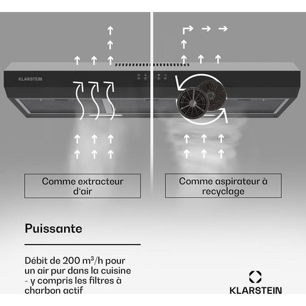 Hotte casquette KLARSTEIN Contempo 90cm encastrée 200m³/h LED noir