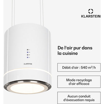 Hotte décorative îlot KLARSTEIN Tron Ambience îlot Ø 38cm 540m³/h blanc