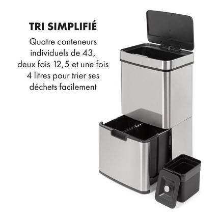 Poubelle de cuisine tri sélectif KLARSTEIN Touchless capteur 72L 4 bacs Inox